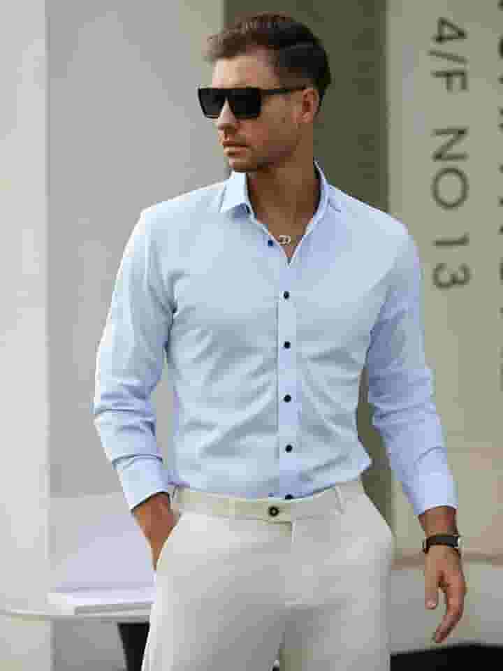 Camisa social masculina de manga comprida, com botões, sem rugas, cor sólida, formal, para trabalho, passeios diários