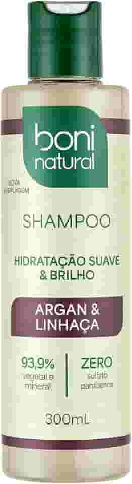 Shampoo Vegano e Natural de Argan e Linhaça, Para todos os tipos de cabelo, Hidratação e Brilho, Boni Natural, 300ml