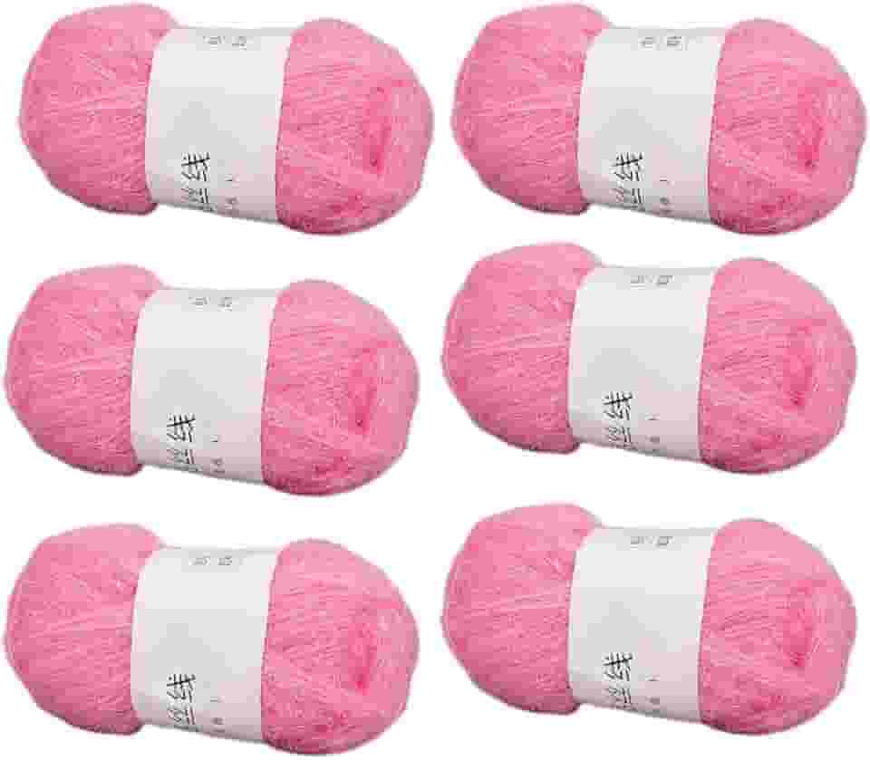 6 novelos de fio brilhante para panos de prato 100% poliéster, vidro, seda, pastel, para crochê, tecelagem, artesanato feito à mão, total de 300 g (rosa)