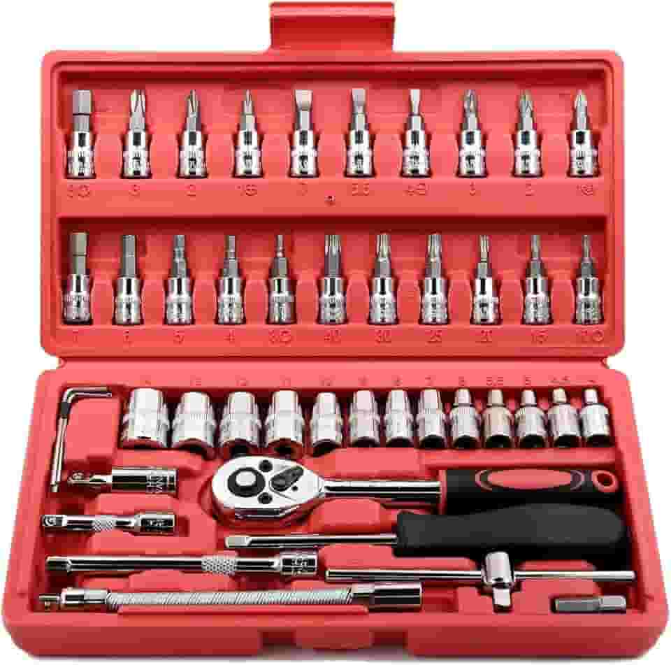 Jogo de Soquete Kit com 46 peças Ferramentas Chave Catraca Conjunto de Soquetes Métricos Sextavadas Chave Allen Torx e Barra de Extensão Reparos Automotivos e Domésticos Premium