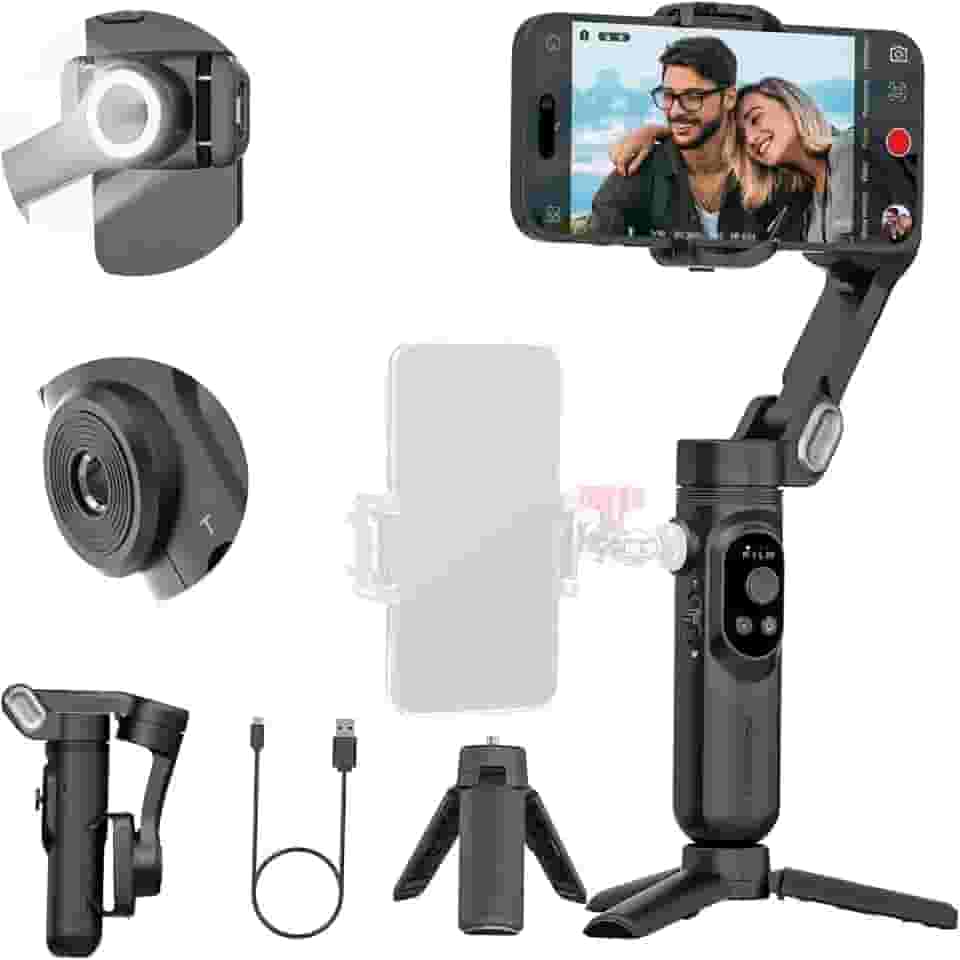 AOCHUAN Estabilizador gimbal de telefone de 3 eixos para iPhone 15/14/13 Pro Max Android com rastreamento facial, fios de 1/10.2 cm, luz de preenchimento integrada, gravação de vídeo gimbal portátil