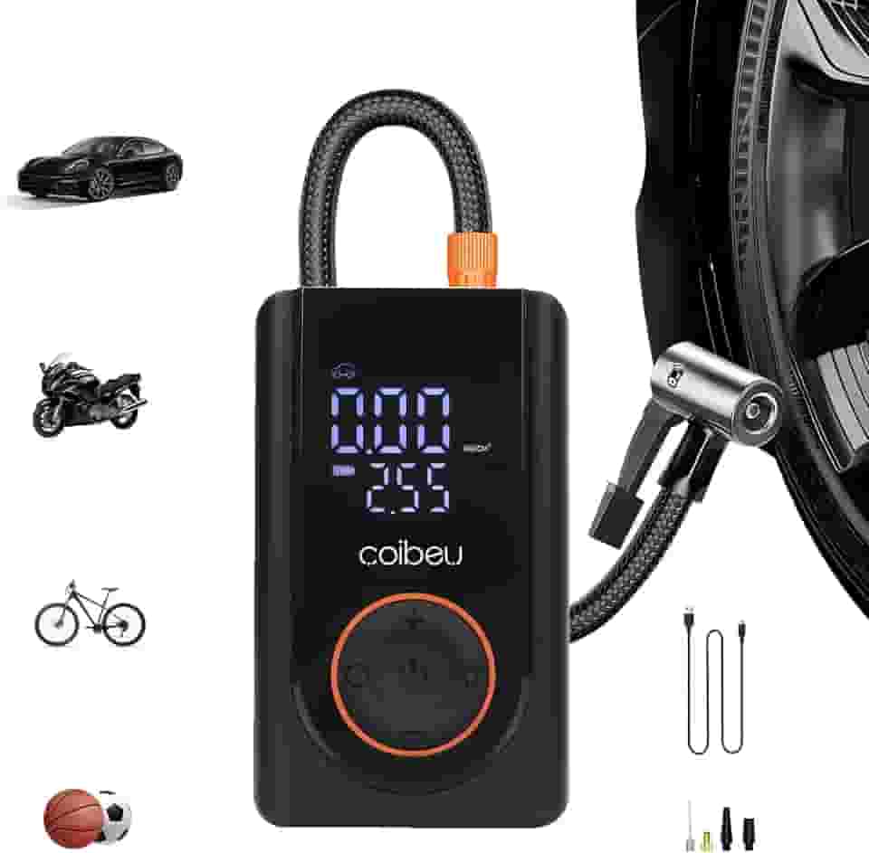 Compressor de Ar Portatil, Calibrador de Pneus Portatil, Bomba de Encher com Display Digital, Pré-sets de Pressão, Power Bank 3600mAh, 150PSI MAX, 60W, para Carros/Motos/Bicicletas e Bolas