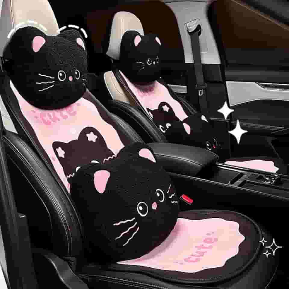 YUNZLAN Sweet Cat Capas de assento de carro divertidas, conjunto completo de capas de banco dianteiro e traseiro, ajuste universal para carros, caminhões, SUVs-Luxo, 11 peças, rosa, preto