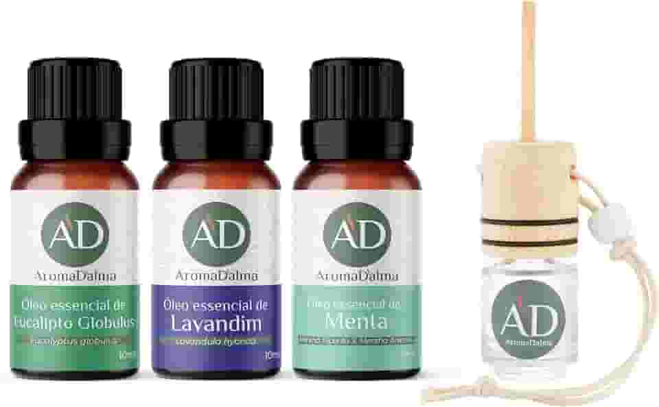 Kit Respiração 3 Óleos Essenciais Aroma D'alma - Eucalipto Globulus, Lavandim Grosso e Menta + Aromatizante De Carro Aroma D’alma De Presente