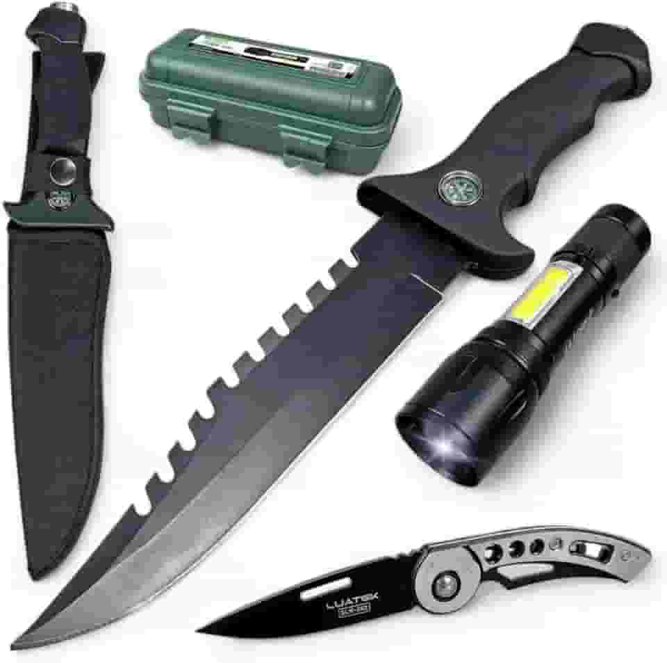 Kit Sobrevivencia Completo Com Faca + Canivete + Lanterna Militar Tático Sabre de Luz para aventuras ao ar livre, camping e emergências. Equipamento resistente e funcional para situações extremas