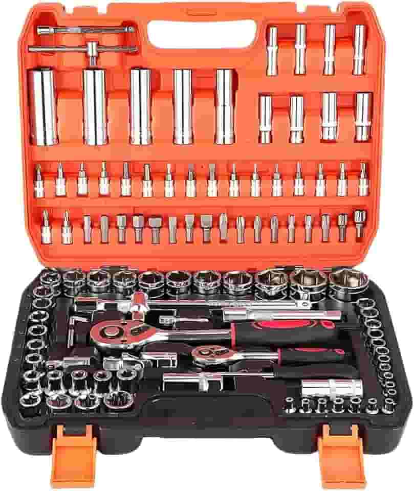 Kit 108 Peças de Soquetes com Catraca Reversível 1/2, Jogo Completo de Ferramentas em Aço Resistente, para Uso Profissional e Doméstico com Caixa Organizadora