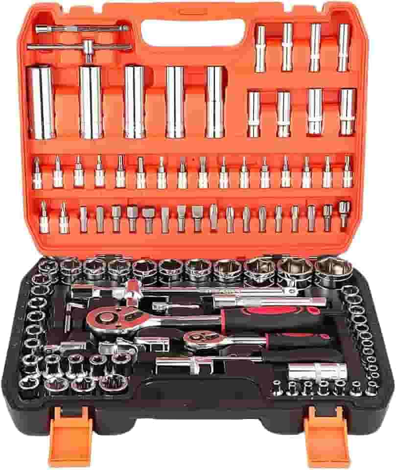 Kit 108 Peças de Soquetes com Catraca Reversível 1/2, Jogo Completo de Ferramentas em Aço Resistente, para Uso Profissional e Doméstico com Caixa Organizadora