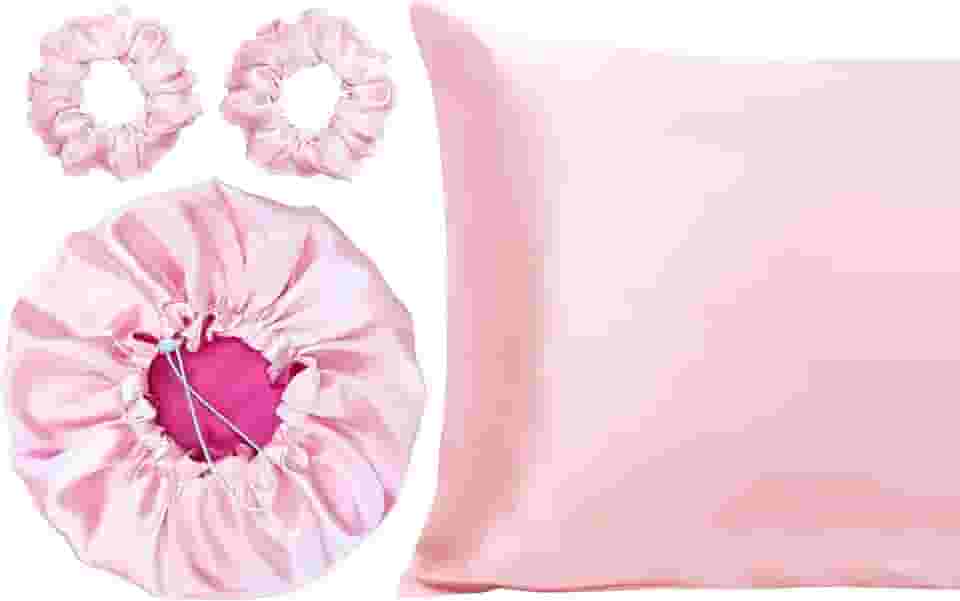 Kit 1 Fronha De Cetim Seda + 1 Touca Dupla Face + 2 Xuxinhas (Pink/Rosa)