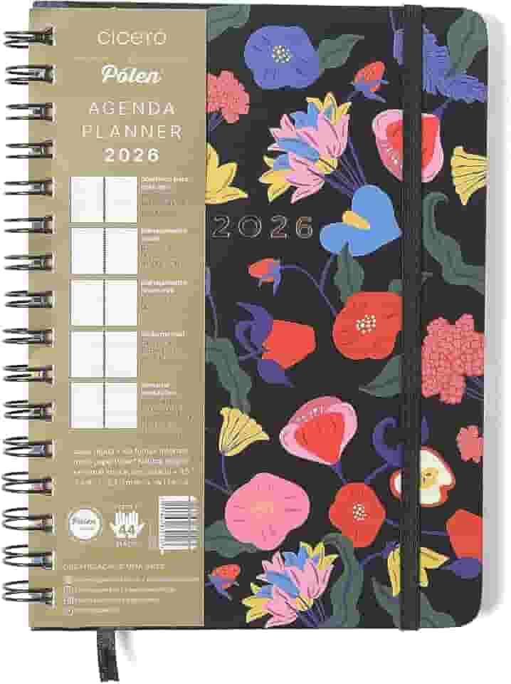 AGENDA PLANNER WIRE-O 2026 DOCE FLORADA SEMANAL ANOTACOES A5 PRETO