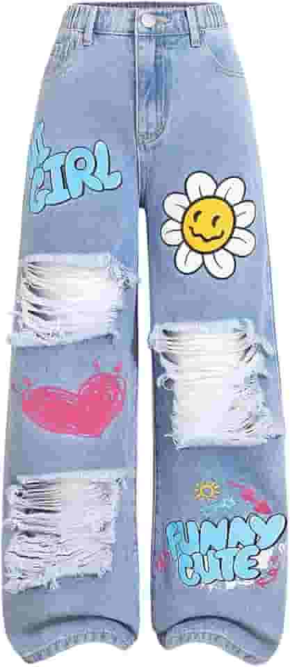 Calça jeans feminina com estampa de coração, rasgada, folgada, reta e larga