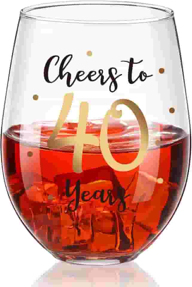 Taça de vinho sem haste de aniversário de 40 anos, ouro Cheers to 40 anos de aniversário copo de vinho presente para homens mulheres festa de aniversário de casamento decorações de festa de aniversário de casamento suprimentos de escritório para casa, 481 g sem haste