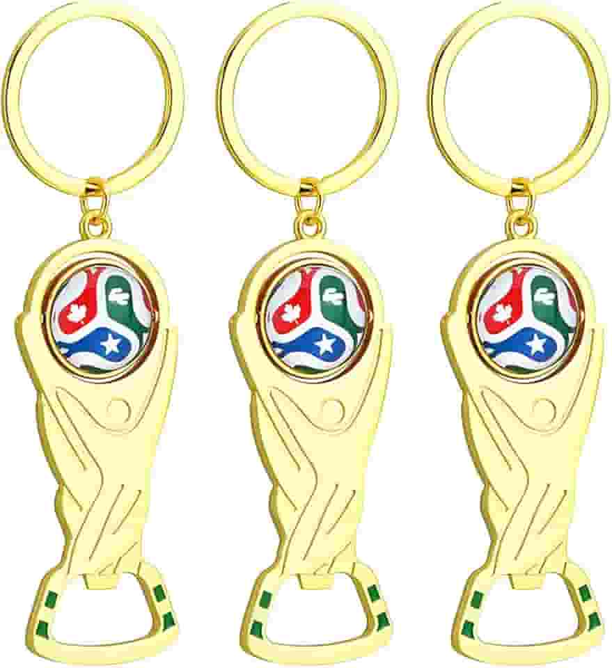 Conjunto de 3 chaves abridor de garrafa de cerveja troféu da Copa do Mundo 2026, bola de futebol rotativa 3D premium liga de zinco abridor de garrafa portátil para lata, refrigerante, ferramenta de