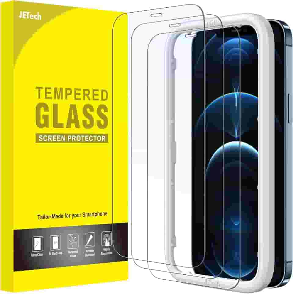 JETech Película de Vidro Temperado de Cobertura Total para iPhone 12 Pro Max 6,7 Polegadas, Protetor de Tela com Ferramenta, Amigável ao Caso, HD Transparente, Pacote de 3