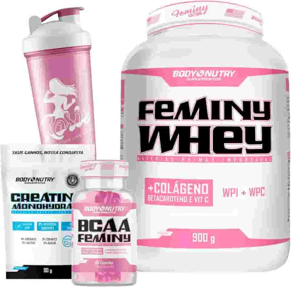 Combo Feminy Whey 900g + BCAA + Creatina Mono + Coqueteleira (Morango, 900G)