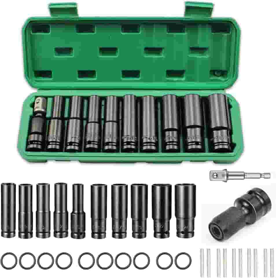 Jogo de Soquetes de Impacto 1/2 Profundos 11 Peças (10-24mm) - Cr-V - Alta Torque - Caixinha Organizadora - Ideal Carros e DIY