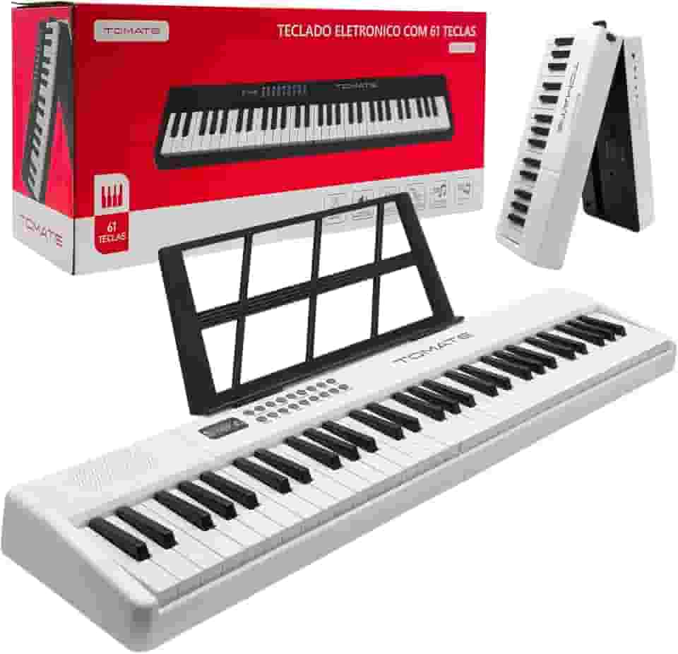 Teclado Musical Eletrônico Portátil 61 Teclas, 200 Timbres e Ritmos, Visor Digital LED com Suporte para Partituras e Microfone Incluso (Branco)