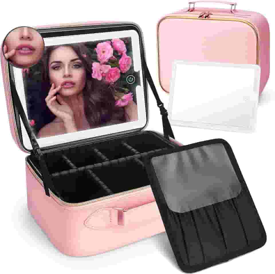 Bolsa de maquiagem com espelho de LED, organizadora de viagem, 3 cores de luz ajustável, cosméticos, bolsa de armazenamento, rosa