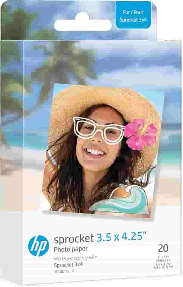 HP Sprocket Papel fotográfico Zink de 8,9 x 10,8 cm (pacote com 20) compatível com cabine fotográfica 3x4 e impressora fotográfica