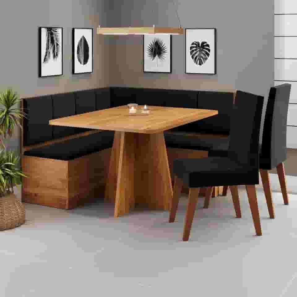 Conjunto Canto Alemão com Baú Mesa 120x77,5cm Tampo sem Vidro com 2 Cadeiras Milão Mel/Preto