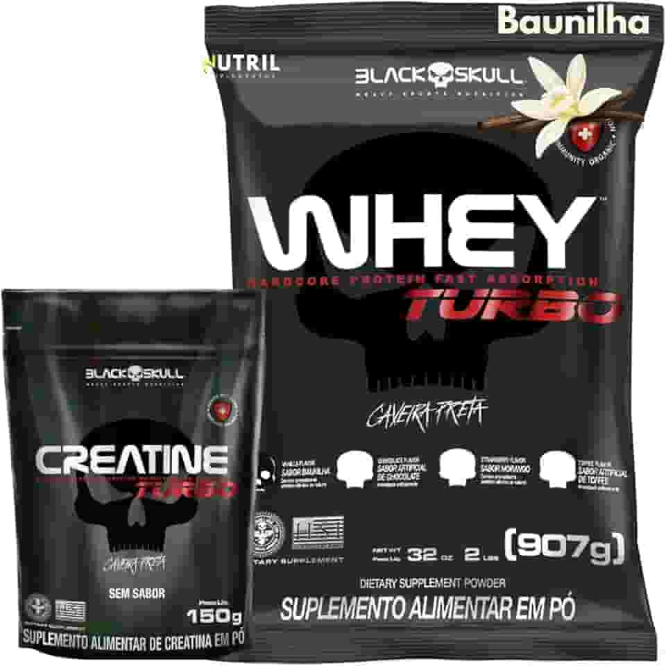 Kit Whey Protein Turbo + Creatina Monohidratada 150g - Black Skull - Ganho de Massa Muscular - Força (Baunilha)