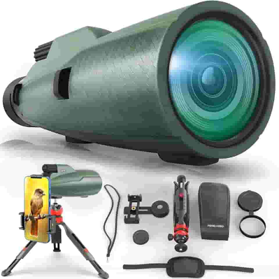 Telescópio monocular 12 x 50 para ambientes externos com adaptador de smartphone para observação de estrelas, observação de pássaros, caça, à prova de poeira, monóculo HD impermeável para adultos com suporte de telefone e tripé de metal hd360pro