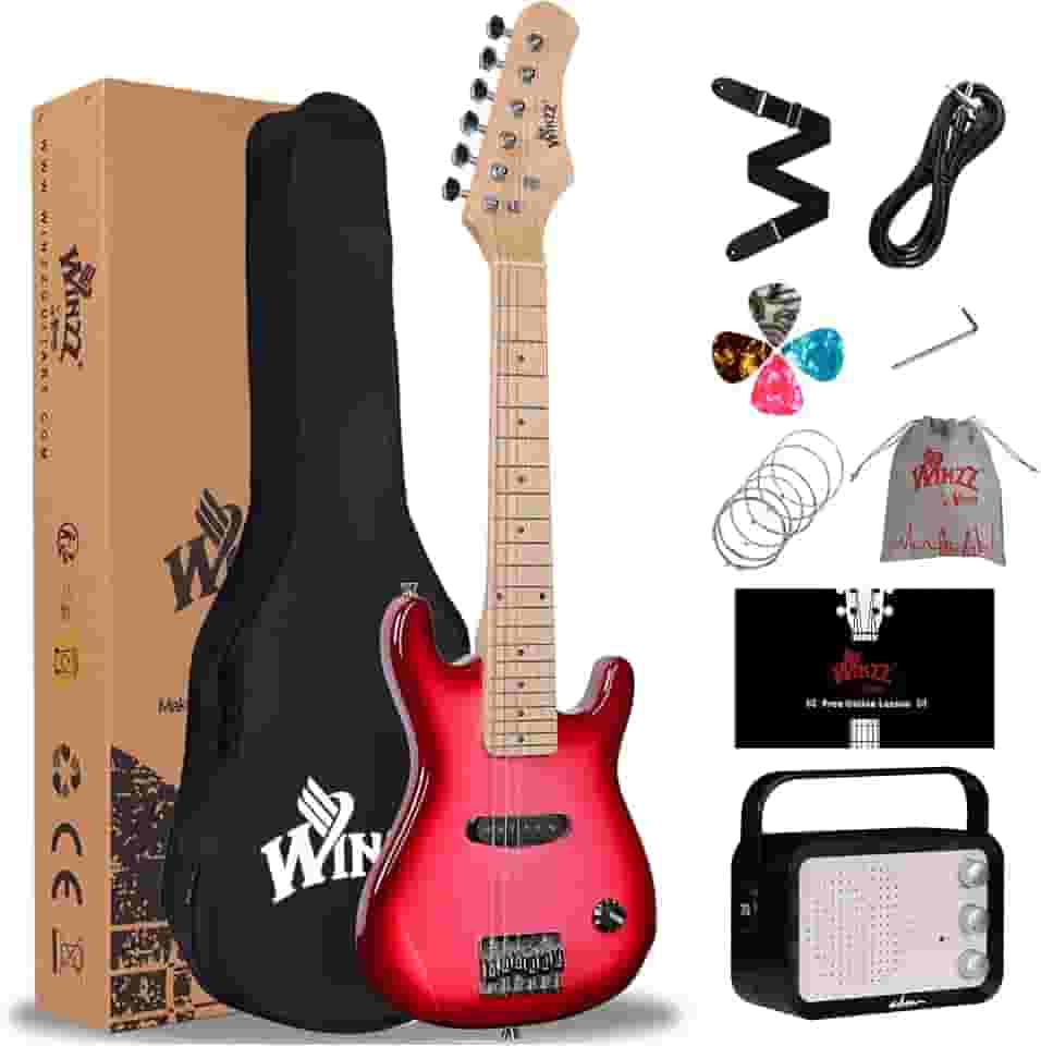 WINZZ Kit de guitarra elétrica infantil de 76 cm, mini guitarra elétrica para iniciantes com amplificador, estojo, cordas extras, palhetas, alça, cabo e chave inglesa, rosa gradiente