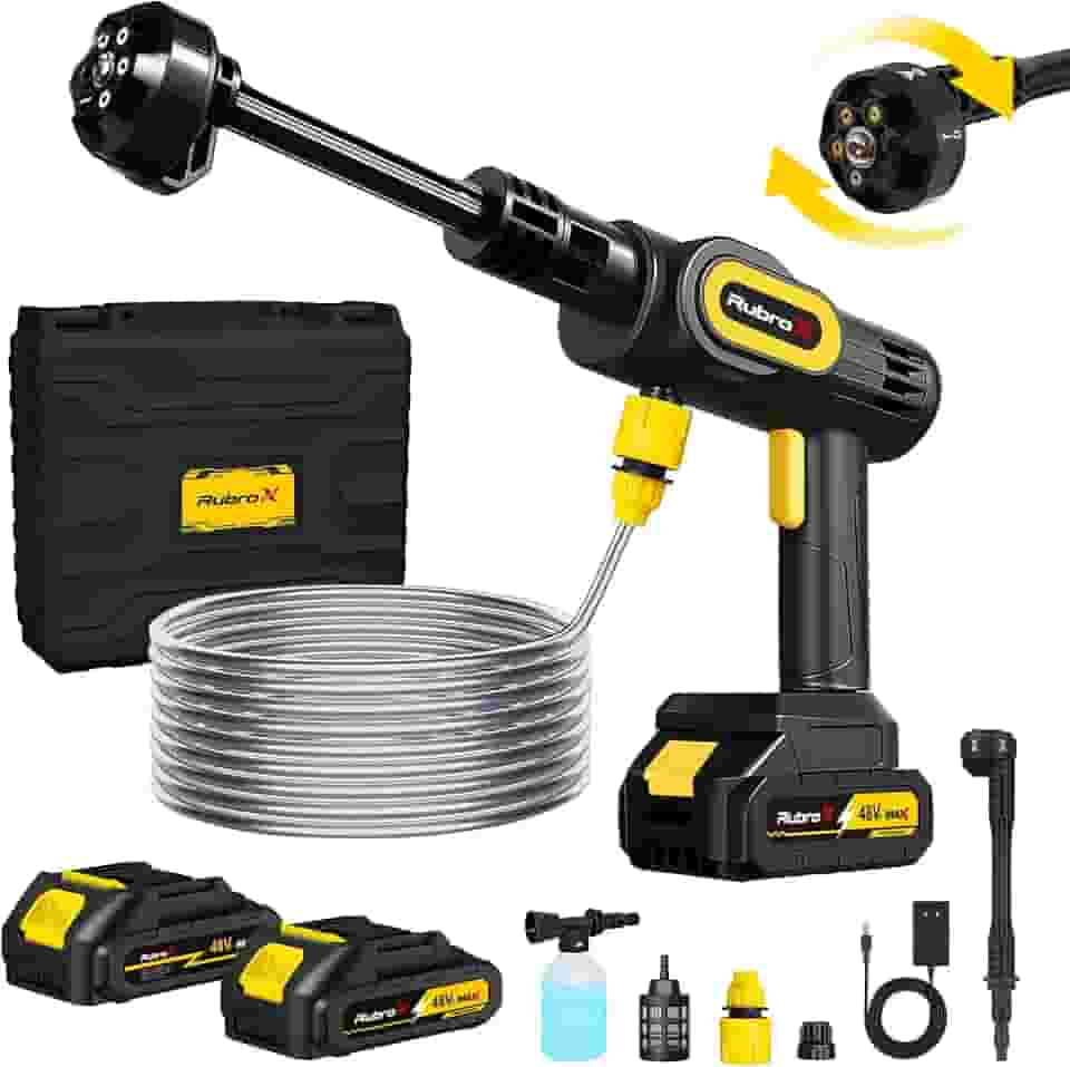 RubroX Lava Jato Portatil Sem Fio 6 em 1, Lavadora de Alta Pressao Portatil Recarregavel 25 Bar, 200W, 6 Niveis Ajustaveis, 2 Baterias, Bivolt, para Carro, Moto, Bicicleta e Areas Externas