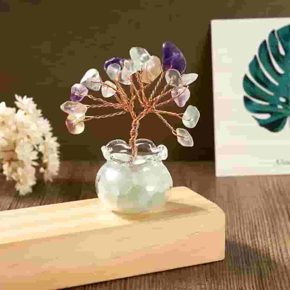Feng Shui cristal de quartzo árvore do dinheiro sete chacras árvore da vida pedra preciosa natural árvore de cristal envolto em fio de cobre árvores de cristais para riqueza e sala de sorte mesa de