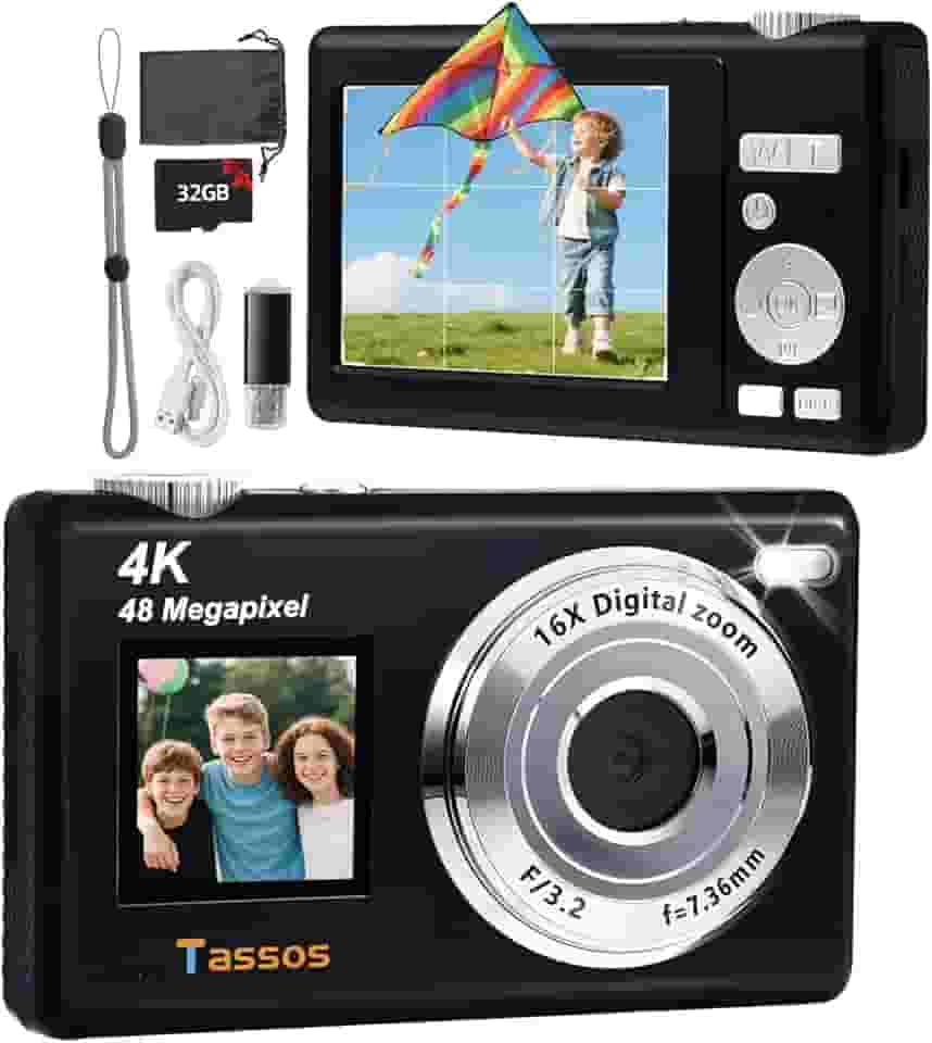 Câmera digital, câmera para vlogs, câmera fotográfica 48MP 4K - Câmera digital compacta com tela dupla, cartão de 32 GB, zoom digital de 16x e estabilizador de imagem para e iniciantes. (preto)