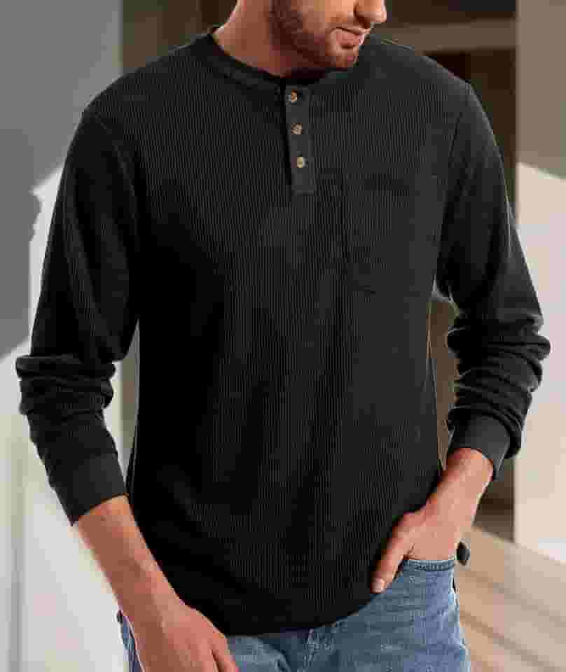 Camisetas masculinas Henley manga curta botão waffle com bolso