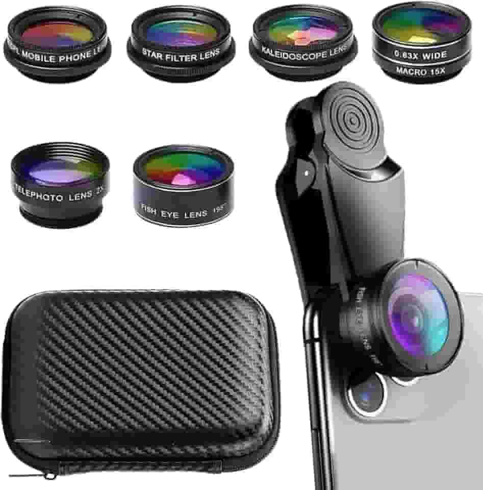 Lente de câmera de celular 7 em 1, kit de lentes para celular, clipe universal, para iPhone, para Samsung, para smartphone Android, em grande angular + macro + olho de peixe + caleidoscópio + filtro