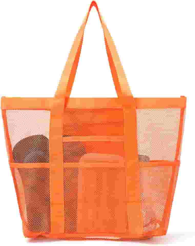 Bolsa de praia de malha, grande bolsa de praia com bolsos com zíper - Piscina familiar, brinquedos e itens essenciais para férias