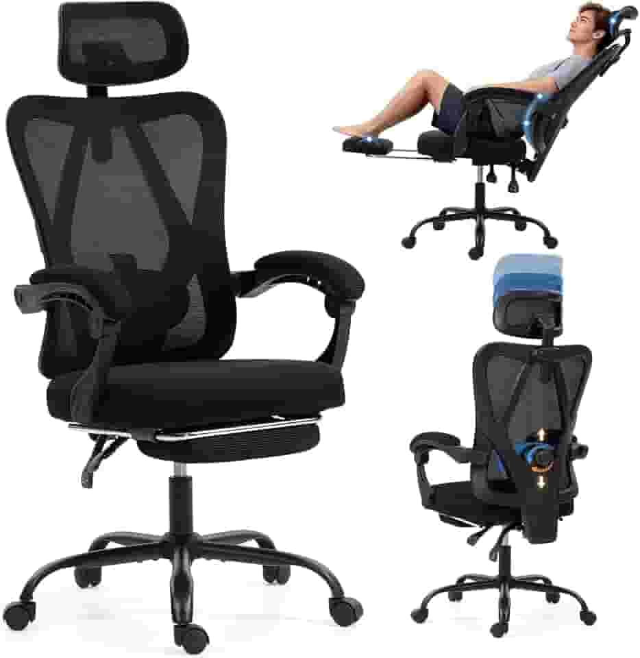 Cadeira de escritório com apoio para os pés, Corrimão interligado, Cadeira de escritorio ergonomica, cadeira giratória 360°, com encosto de cabeça e apoio lombar ajustáveis, Encosto ajustável a 135°