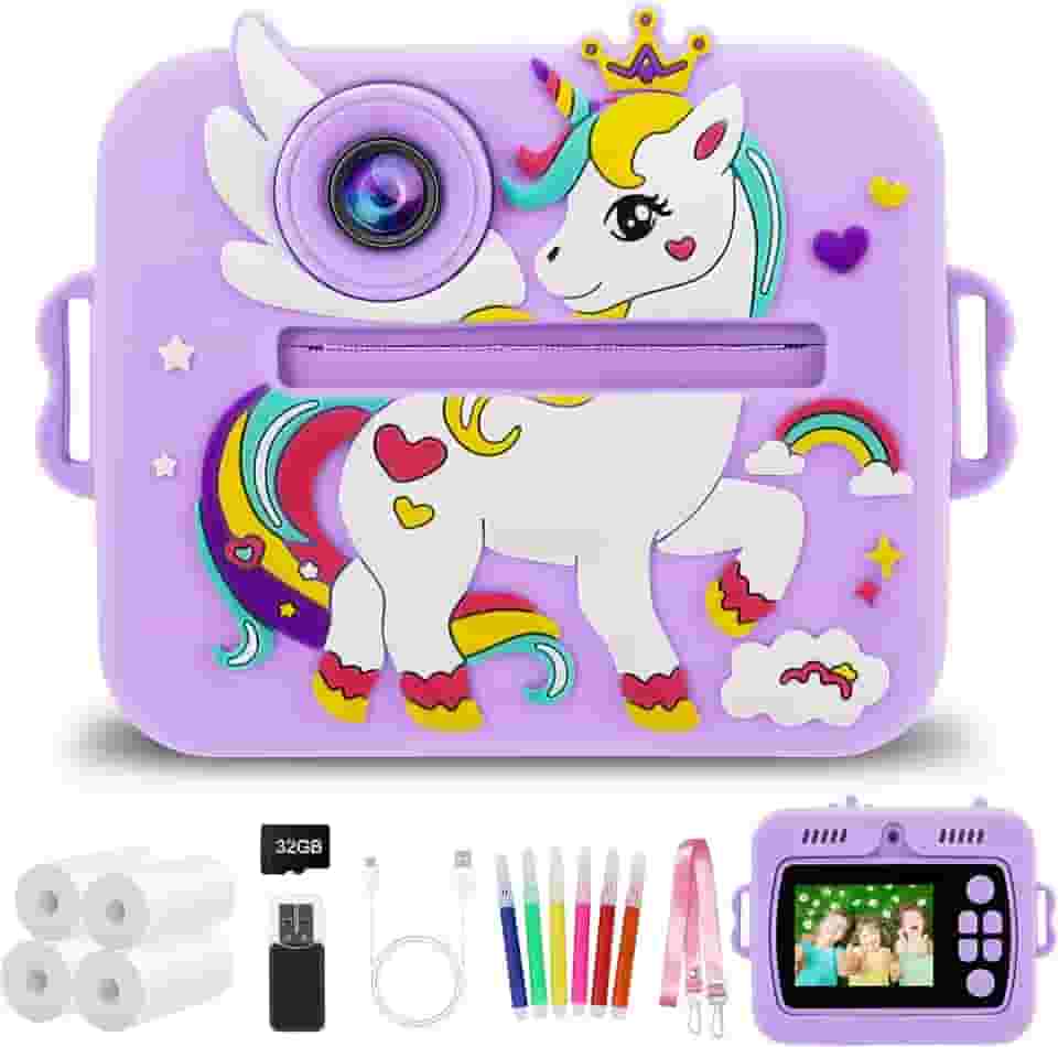 Câmera Infantil, Portátil Digital, Impressora Instantânea de Sem Tinta, com 32GB Cartão,Papel Fotográfico, Canetas Coloridas, Vídeo HD, Brinquedos Meninas Meninos com Crianças de 3 a 14 Anos