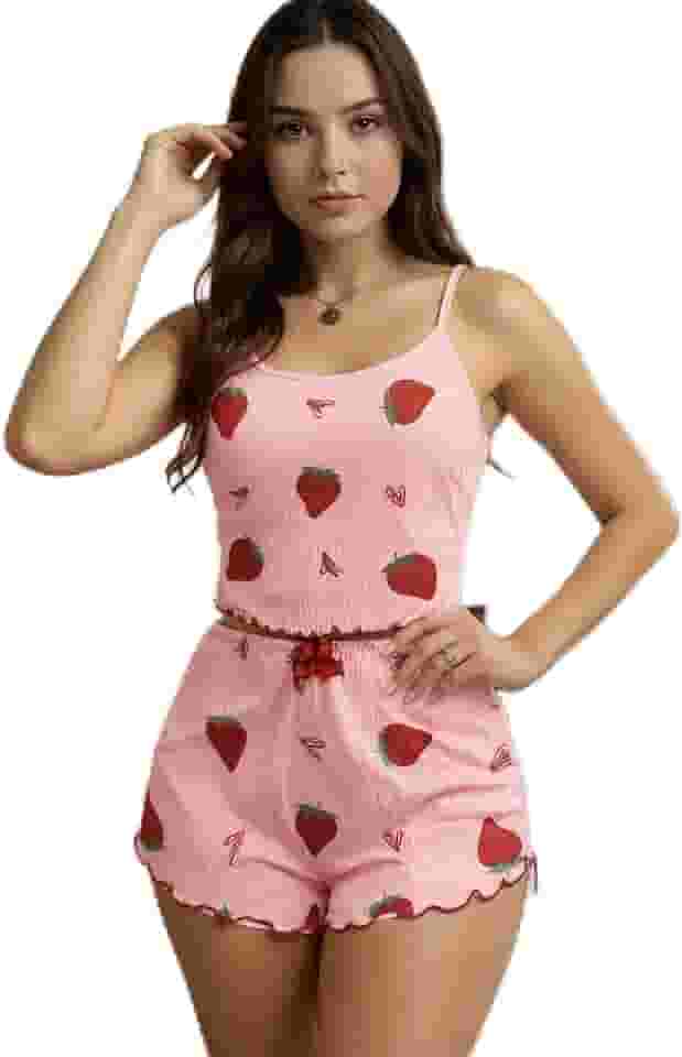 Conjunto de pijama feminino fofo cropped com blusa e short 2 peças, macio, canelado, conjunto de pijama feminino