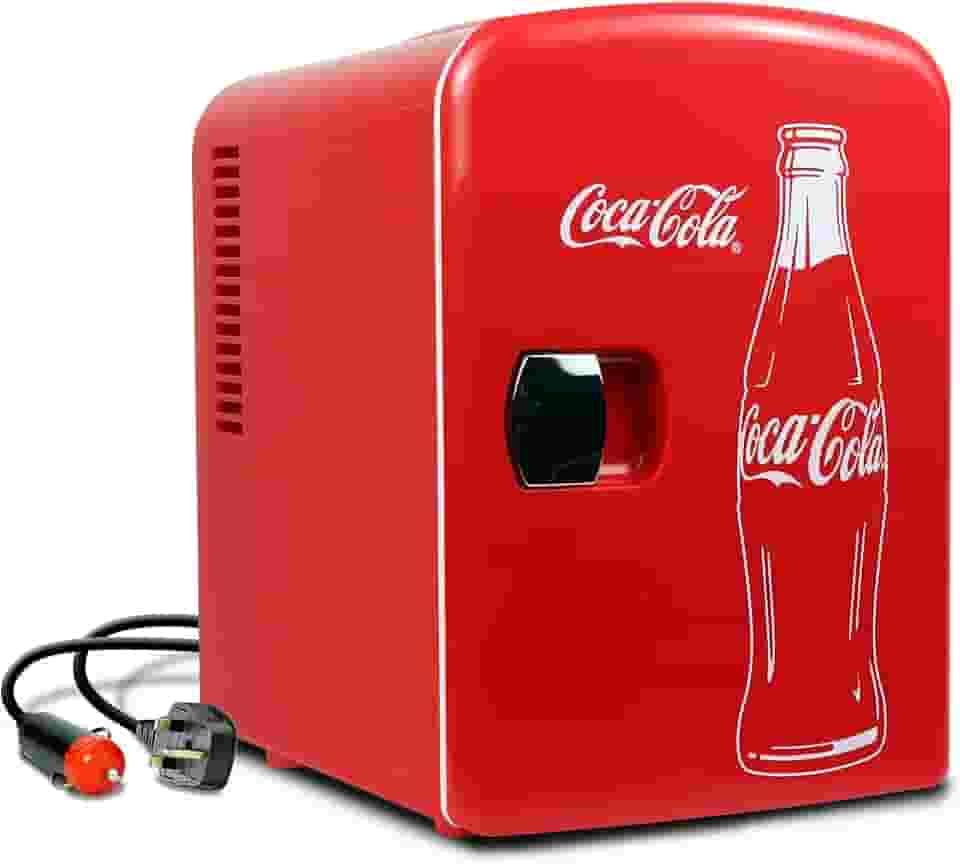 Mini geladeira Coca-Cola Classic Coke Bottle 4L com 12V DC e 110V CA, refrigerador portátil para 6 latas, refrigerador pessoal de viagem para lanches, almoços, bebidas, cosméticos, mesa, escritório, dormitório, vermelho