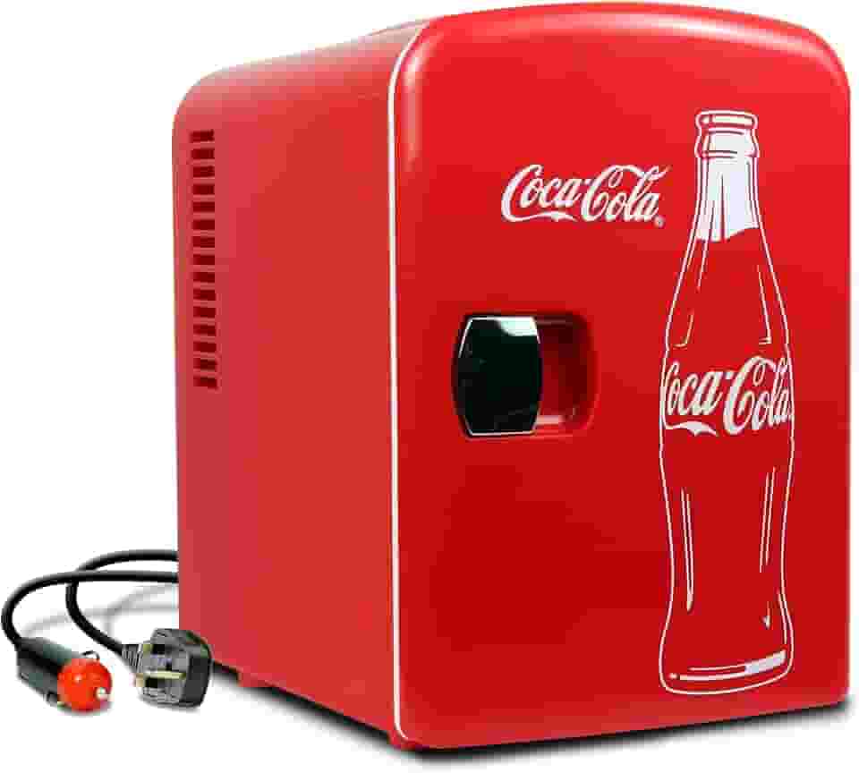 Mini geladeira Coca-Cola Classic Coke Bottle 4L com 12V DC e 110V CA, refrigerador portátil para 6 latas, refrigerador pessoal de viagem para lanches, almoços, bebidas, cosméticos, mesa, escritório, dormitório, vermelho
