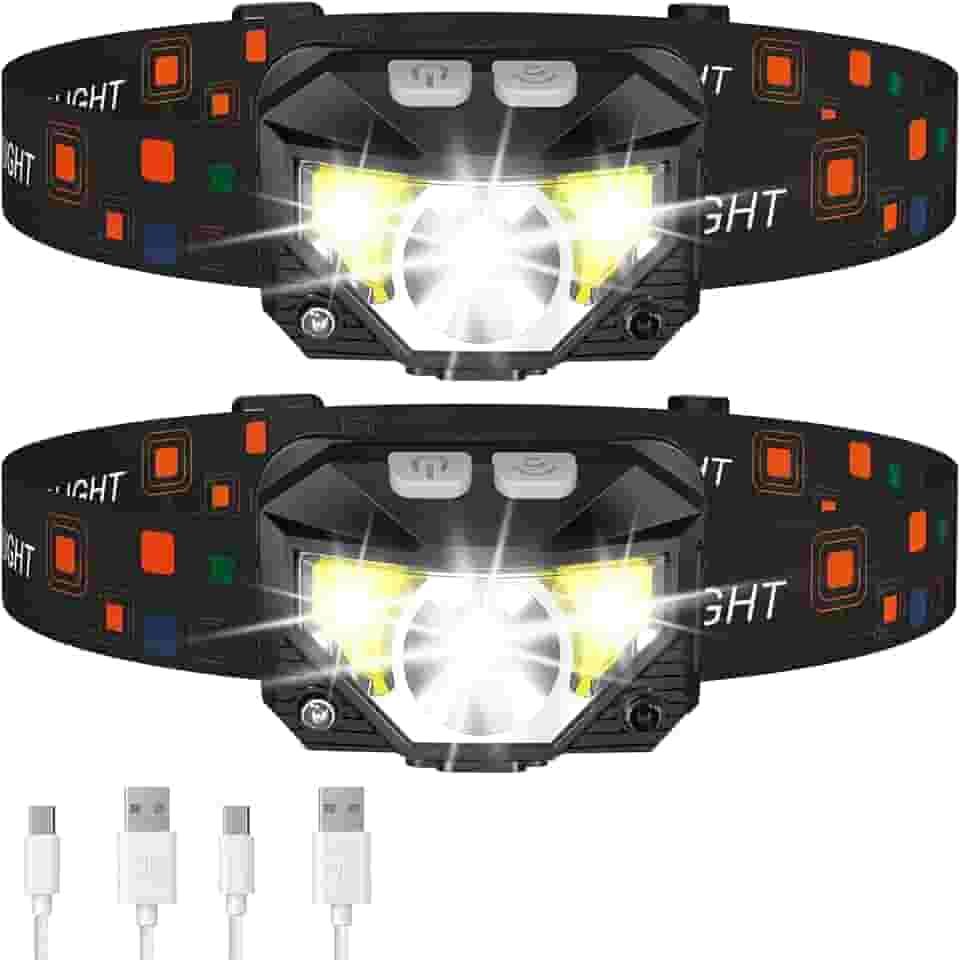 Lanterna de cabeça Lhknl, farol LED recarregável, ultraleve com luz vermelha e branca, 2 unidades, com sensor de movimento, impermeável, 8 modos para acampamento, ar livre, corrida, trilha, pesca