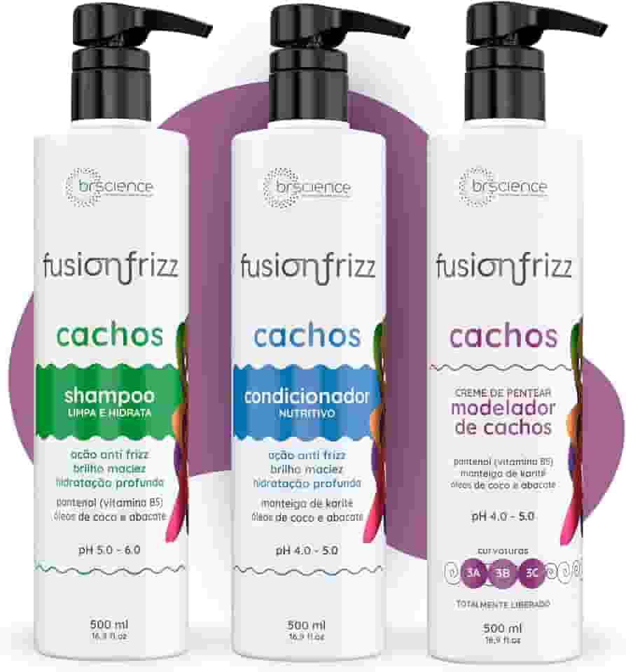 Kit Shampoo, Condicionador e Creme de Pentear Modelador de Cachos Brscience FusionFrizz – Limpeza, Hidratação e Definição Intensa para Cabelos Cacheados 3A, 3B e 3C – 3x500ml