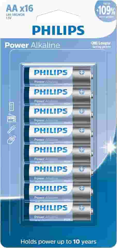 PHILIPS Pilha alcalina AA 1.5V com 16 unidades LR6P16B/59, Azul, branco e prata, padrão