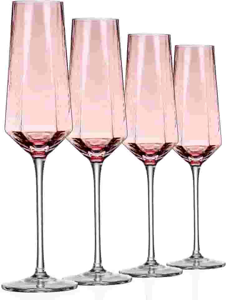 Canais de champanhe de cristal 227 g taças de champanhe rosa para casamento taças de champanhe elegantes conjunto de 4 para casamento aniversário de natal (rosa)