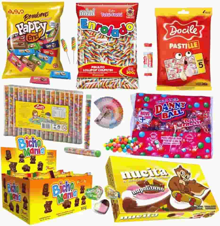 Kit 7 Guloseimas Nostálgicas Bombom Pirulito Tubetes Chiclete Pastilha Bicho Mania