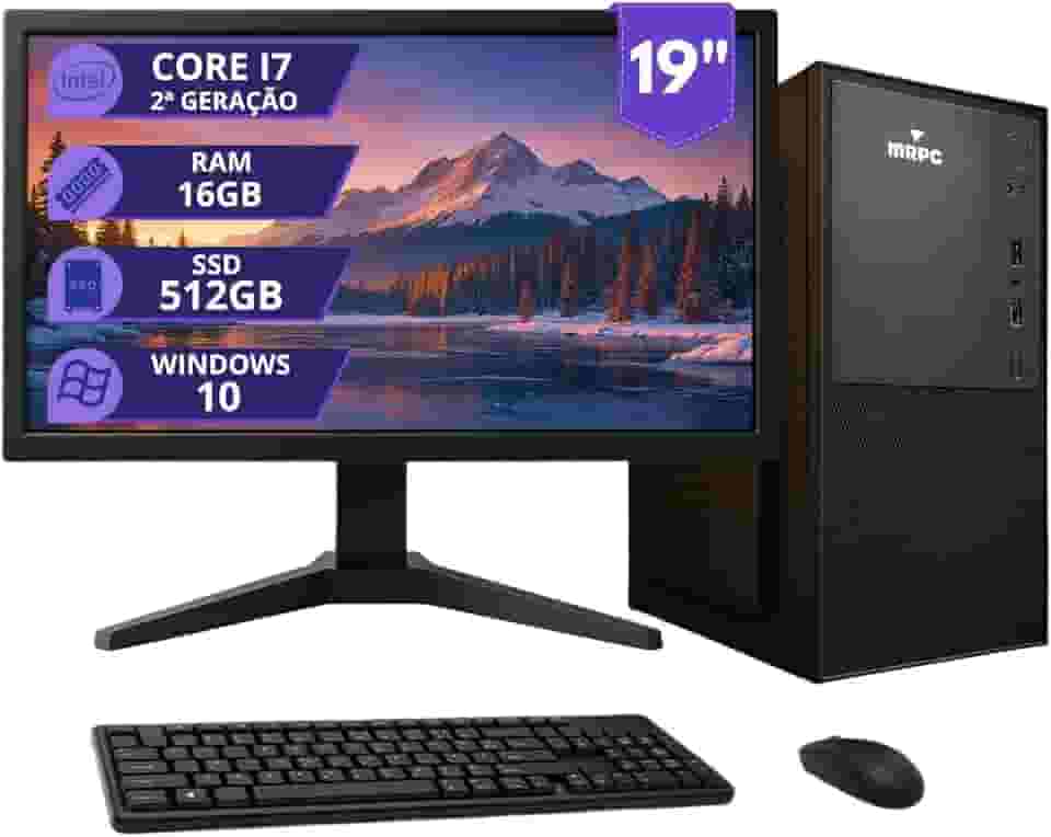 MRPC Computador Completo com Intel Core i7 2ª Geração, 16GB RAM DDR3, SSD 512GB, Monitor 19 Polegadas HD, Windows 10, Teclado e Mouse, Para Home Office e Estudo
