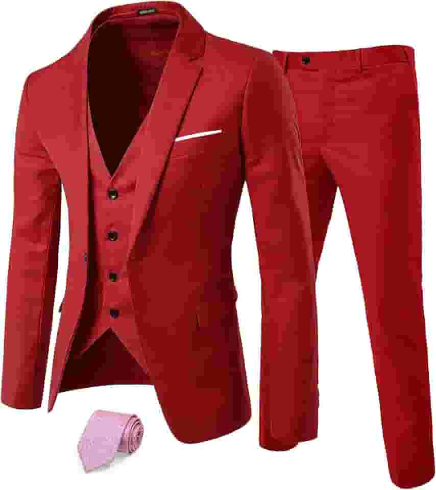 Terno masculino de 3 peças, smoking slim fit com um botão, colete e calça e conjunto de gravata para festa, casamento e negócios, Vermelho, XX-Large