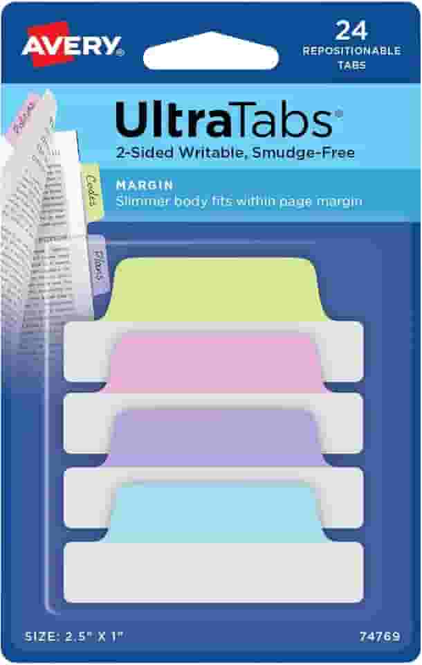 Avery Margin Ultra Tabs, 24 abas adesivas reposicionáveis, 6,3 cm x 2,5 cm, marcadores de página graváveis de 2 lados em cores pastel sortidas, 1 pacote (74769)