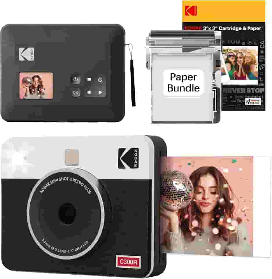 Kodak Mini Shot 3 Retro - Câmera Instantânea e Impressora Fotográfica 2 em 1 (60 folhas), foto 7,6 x 7,6 cm, compatível iOS e Android, Bluetooth,4PASS alta definição e acabamento laminado – Branca