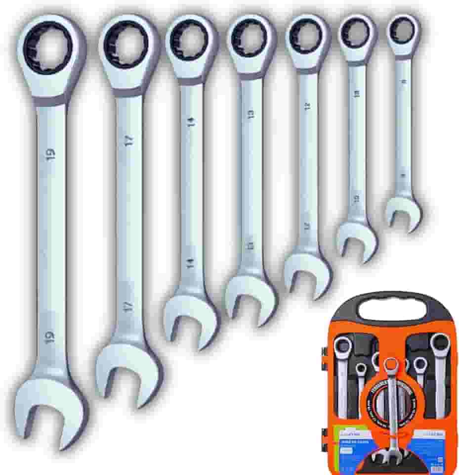 Kit 7 Chaves Combinadas com Catraca Articulada | Aço Cromo Vanádio | Cromado Fosco | Estojo Incluso