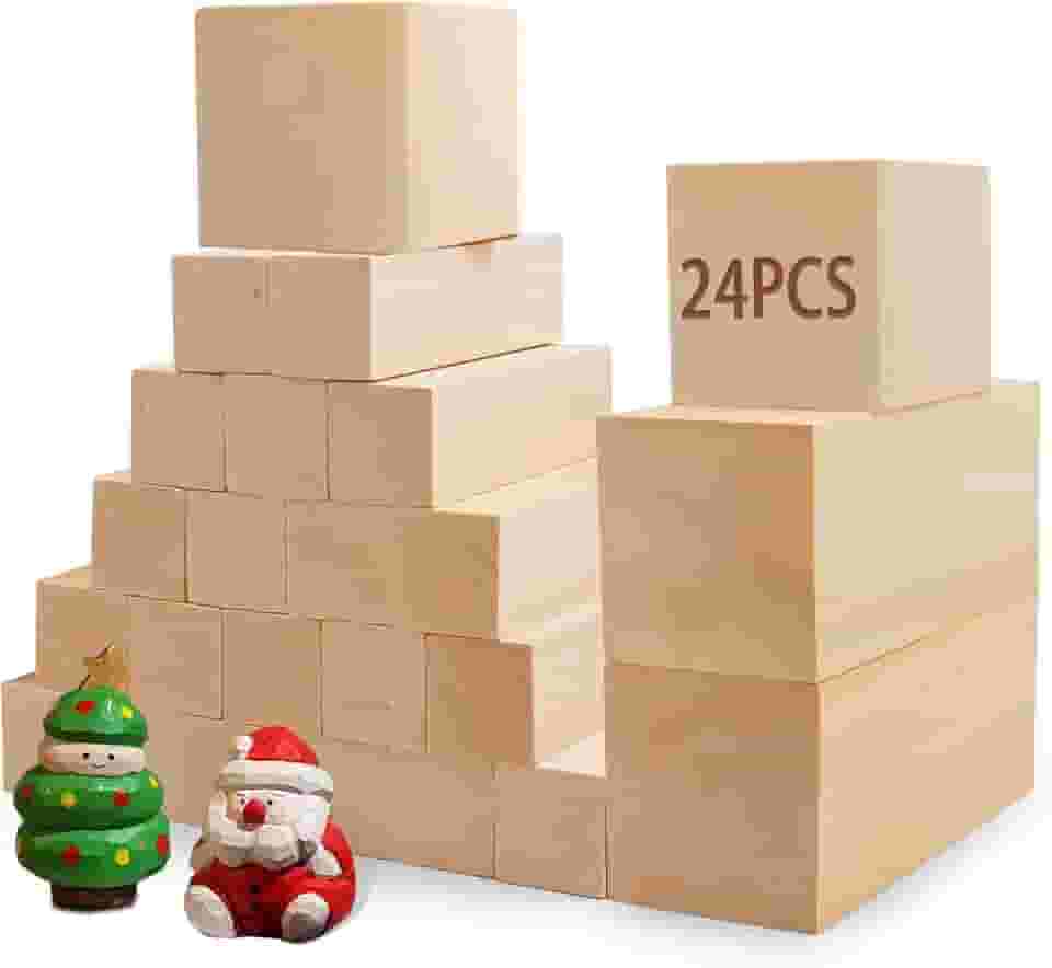 Blocos de entalhe de tília para artesanato, Cymuber 24 peças kit de blocos de madeira com 3 tamanhos, blocos de entalhe em madeira, kit de artesanato para crianças e adultos