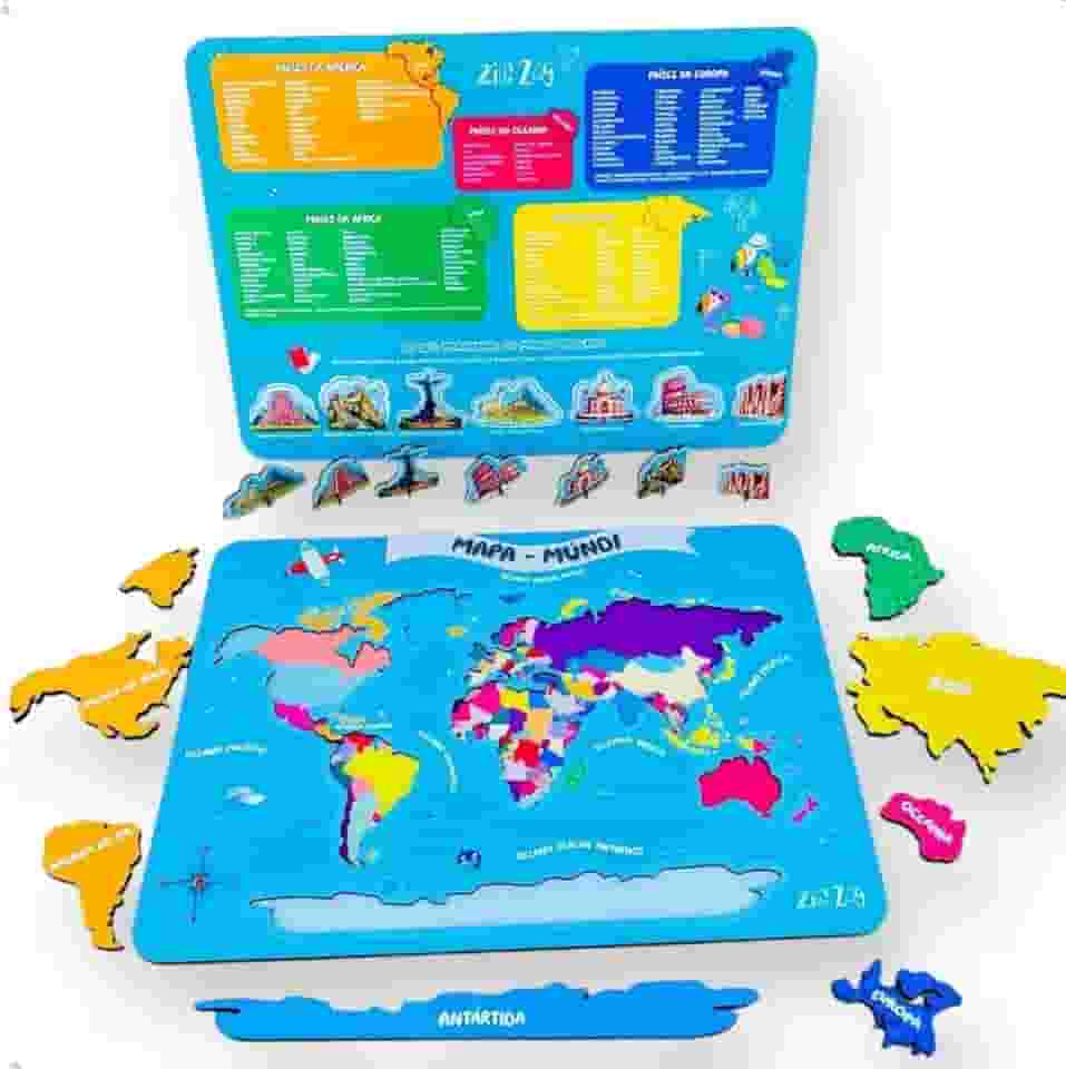 Quebra Cabeça Infantil Mapa Múndi De Madeira Com As 7 Maravilhas Do Mundo