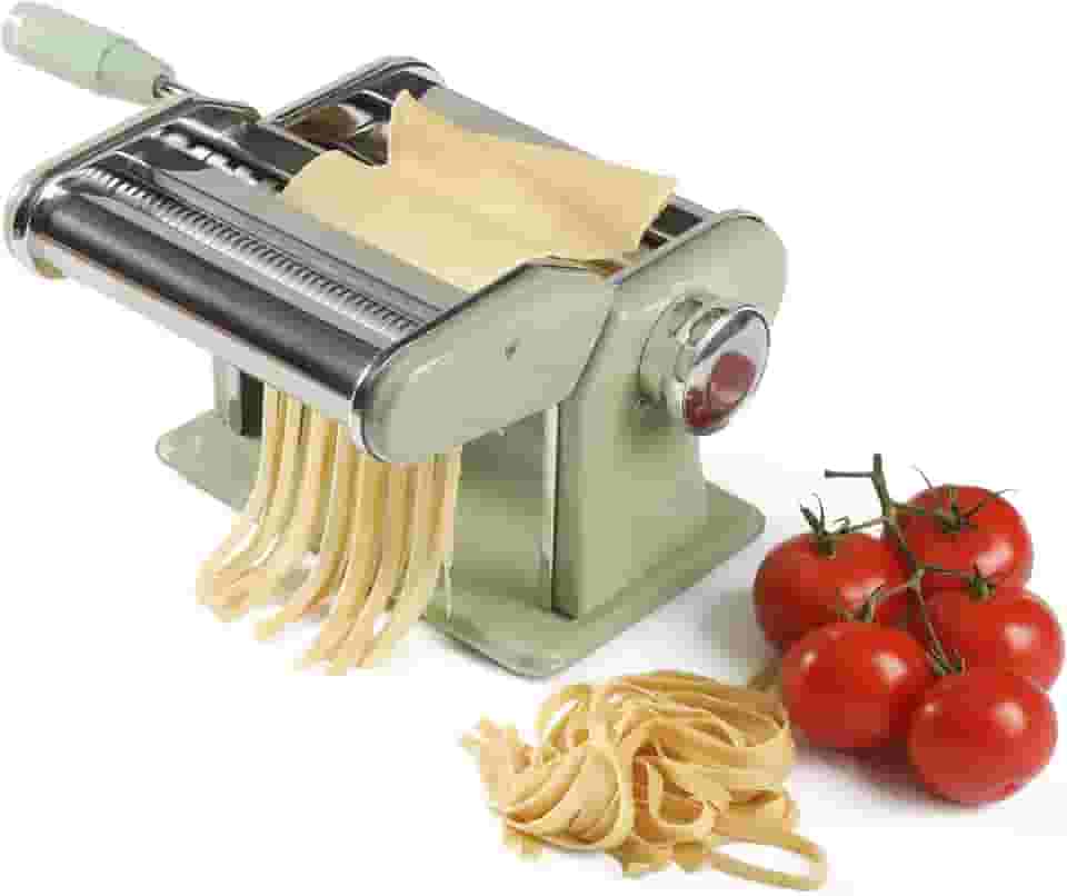 Sur La Table Kitchen Essential Pasta La Vista Máquina de fazer macarrão manual com rolos e cortadores - Espaguete, Fettuccini, Lasanha ou Bolinho de Massa - Aço Inoxidável/Verde zimbro